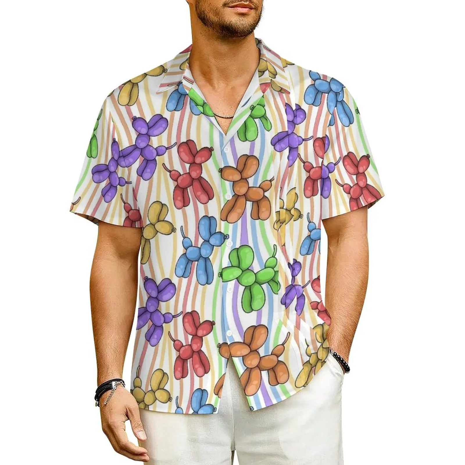 

Rainbow Balloon Dogs Casual Shirt Balloon Animals Cool Hawaii Shirts Man Short Sleeve Beach Breathable Design Oversized Blouses