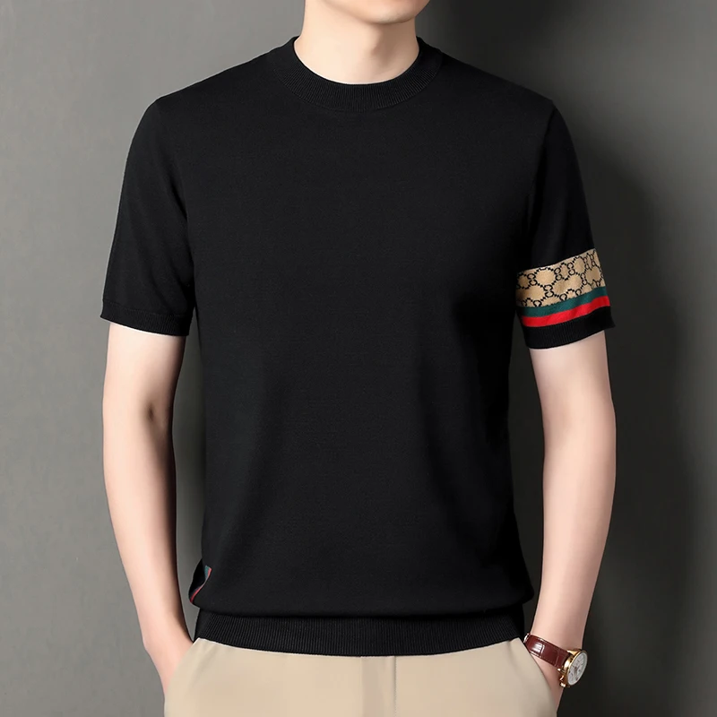 

Свитер с короткими рукавами, мужской осенне-зимний свитер с круглым вырезом контрастного цвета, облегающий вязаный свитер высокого класса