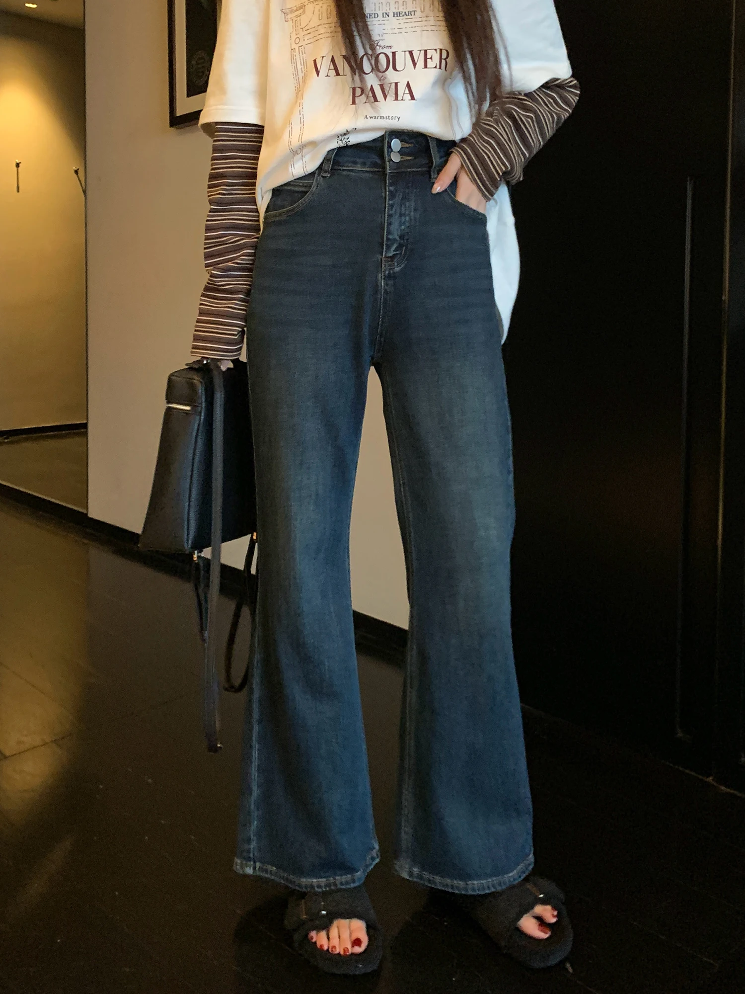 

Джинсы NAZ больших размеров с высокой талией, облегающие, расклешенные, осенне-зимние, винтажные, прямые брюки, элегантный дизайн для женщин больших размеров