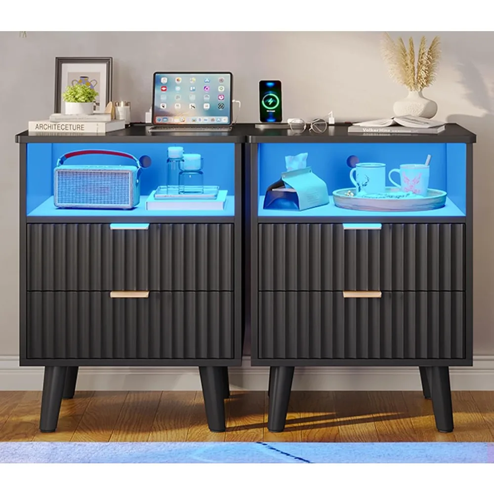 VIAGDO Fluted Nightstand Set of 2 with Charging Station and LED Lights, Modern Night Stand Set 2 with 2 Drawers and Open Storage
