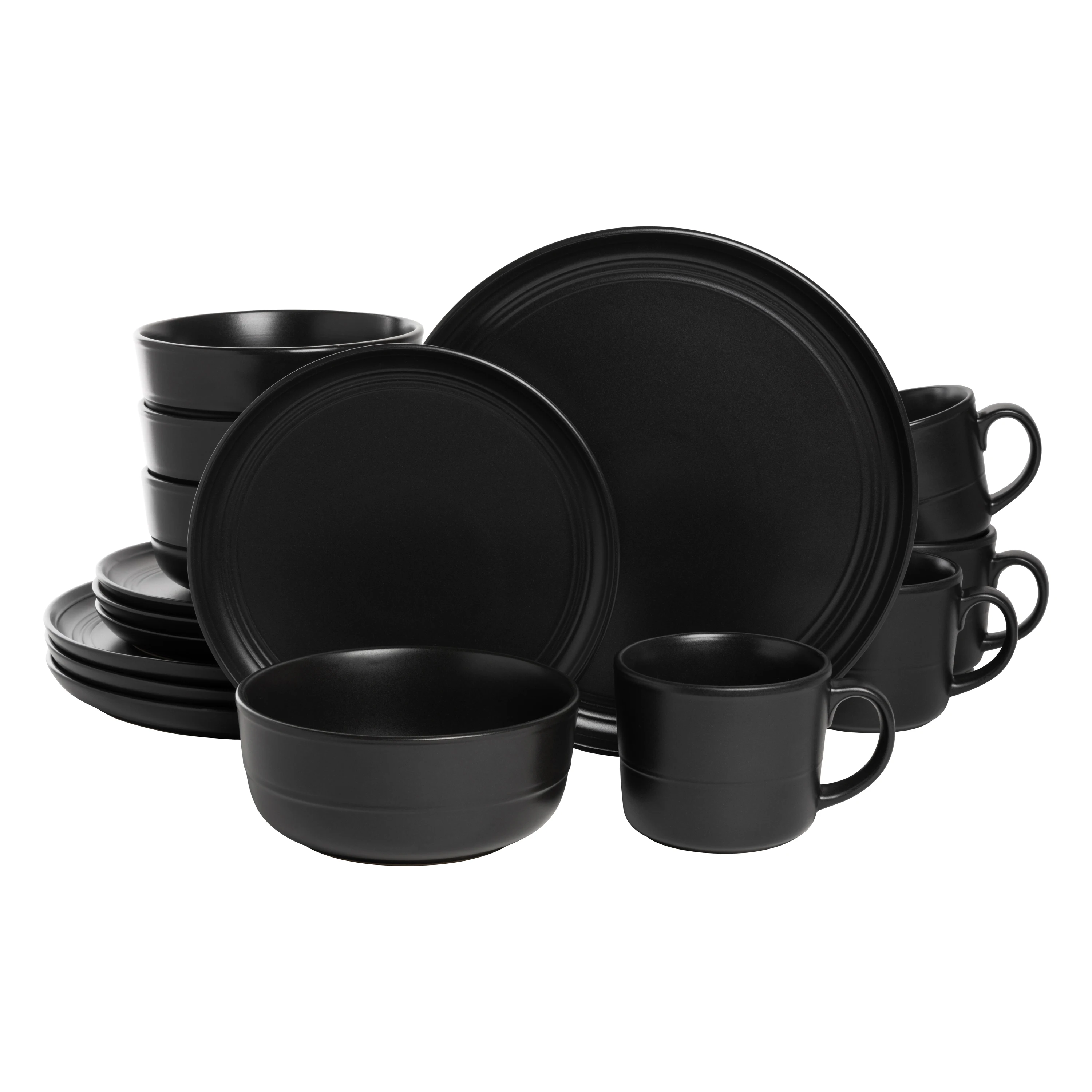 

16-Piece Matte Black Dinnerware Set, Double Line Design