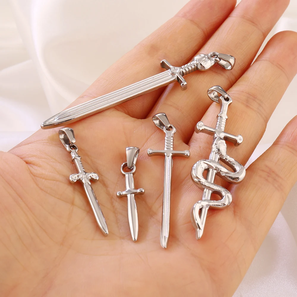 2Pcs Stainless Steel Gothic Snake Sword Dagger Charms Vintage Religion Vampire Cross Pendant Fit DIY Necklaces Jewelry Findings