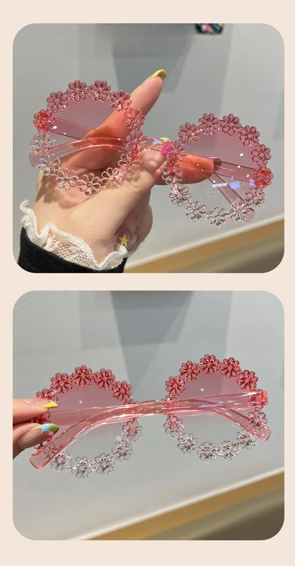 Blumenförmige Sonnenbrille für Mädchen, stilvolle mehrfarbige Dekor-Sonnenbrille für Kinder, trendige neue süße Kinder-Sonnenbrille – Detail 10