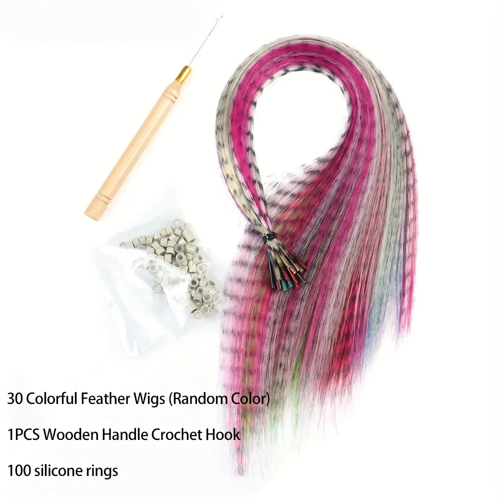 Peruca de cabelo longa e reta sintética, Cor Pena Crochet Hair Extension, 100 Anéis de Silicone, 1 Acessório Crochet Gancho, 30Pcs