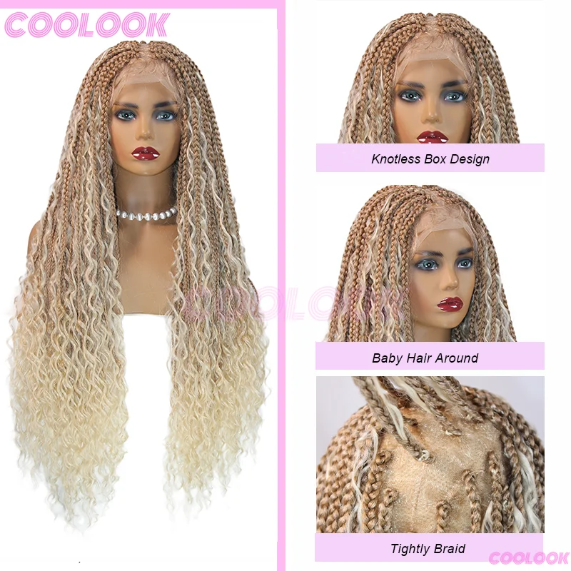 32 "perucas dianteiras de renda sintética para mulheres boho tranças perucas de renda sem nós caixa tranças peruca marrom africana