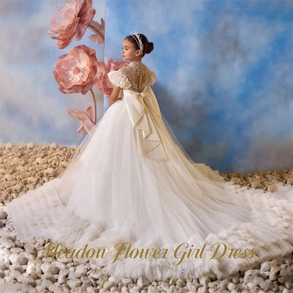 Meadow Oversized 3D Back Bow Kids Birthday Party Dress A Line Pageant Dress for Girl Sequin First Communion Gown Customized