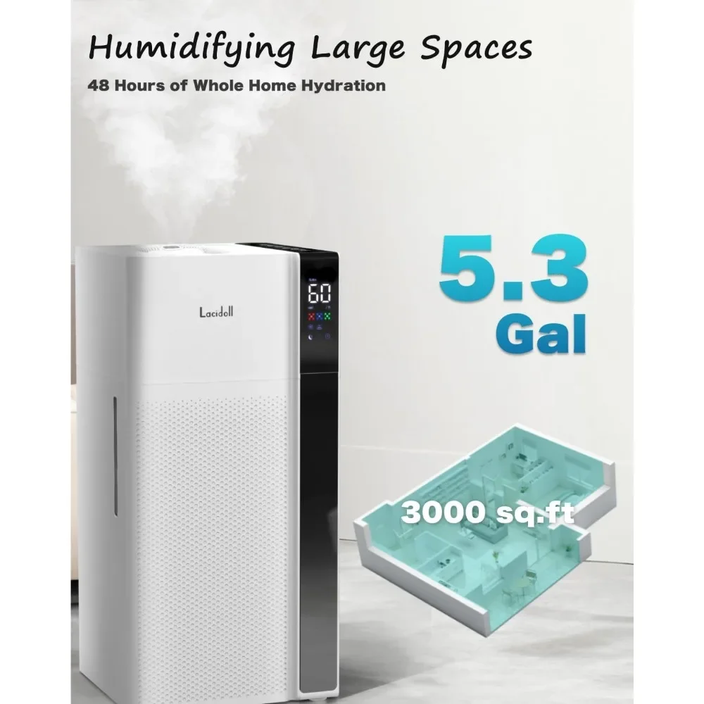 Humidificador cálido y fresco, 5,3 gal/20L, 1000 pies cuadrados, relleno superior, boquillas de niebla duales y atomizadores, humidificador de Torre