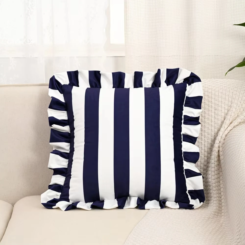 

Blue White Stripes Classic Square Pillowcase Velvet Cushion Cover with Ruffle Trim Decor Pillow Case Sofa Seater Cushion Cover
