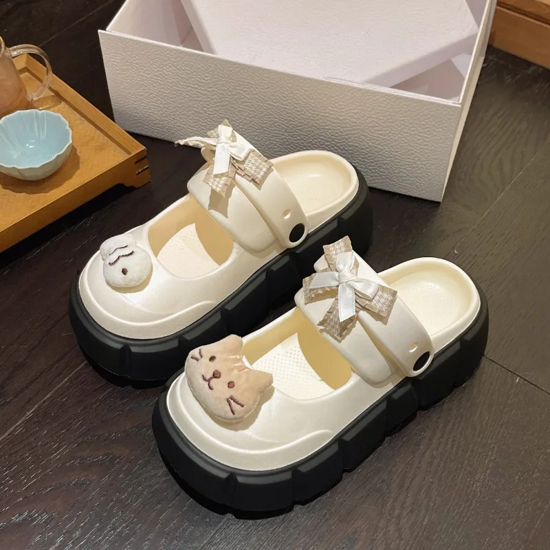 Ladies Baotou Sandals Summer New Round Head Hollowed Out Breathable Bow Cartoon Soft Sole Slippers