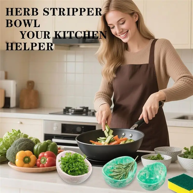 AS60-Herb-Stripper, Kitchen-Herb-Leaf Stripping Tool Resin Bowl, For Kale,Chard, Thyme, Basil Compatible