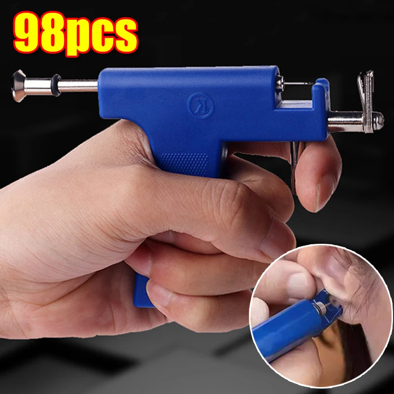 98pcs Ear Piercing Gun Tool Set Ear Studs Stainless Steel Ear Nose Navel Body Piercing Gun Unit Tool Kit Mild Pain Pierce Tools