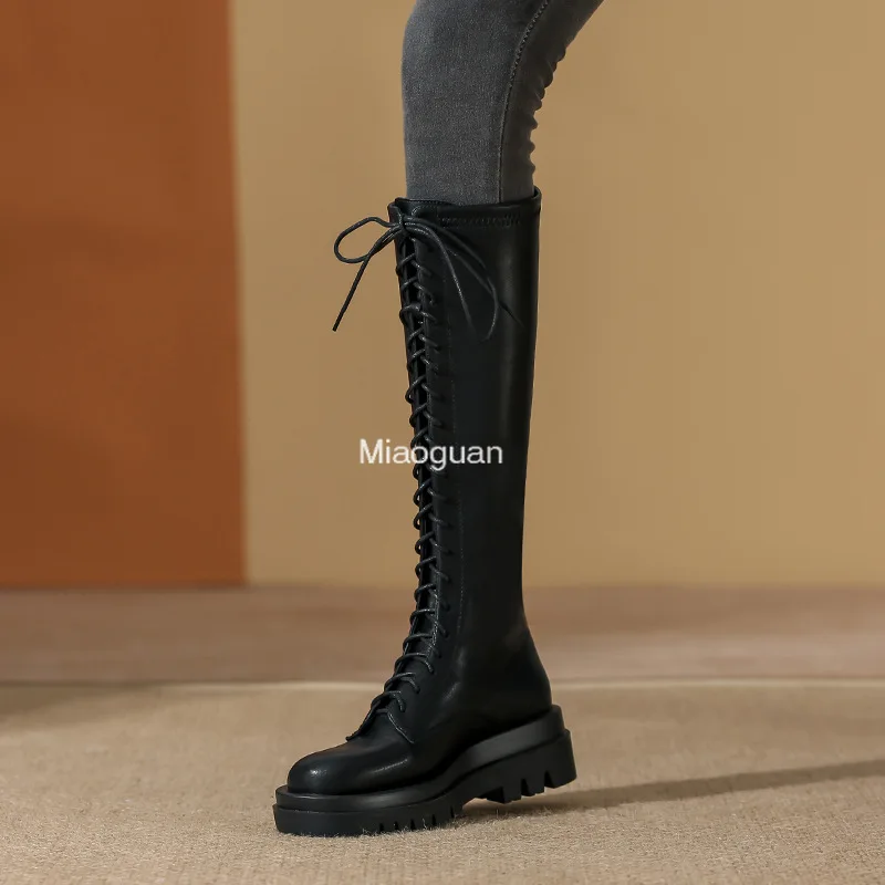 Women Fashion Leather Knee High Boots Round Toe Flat Platform Zipper Lace-up Boot Luxury Ladies Shoes Autumn Winter Black Casual