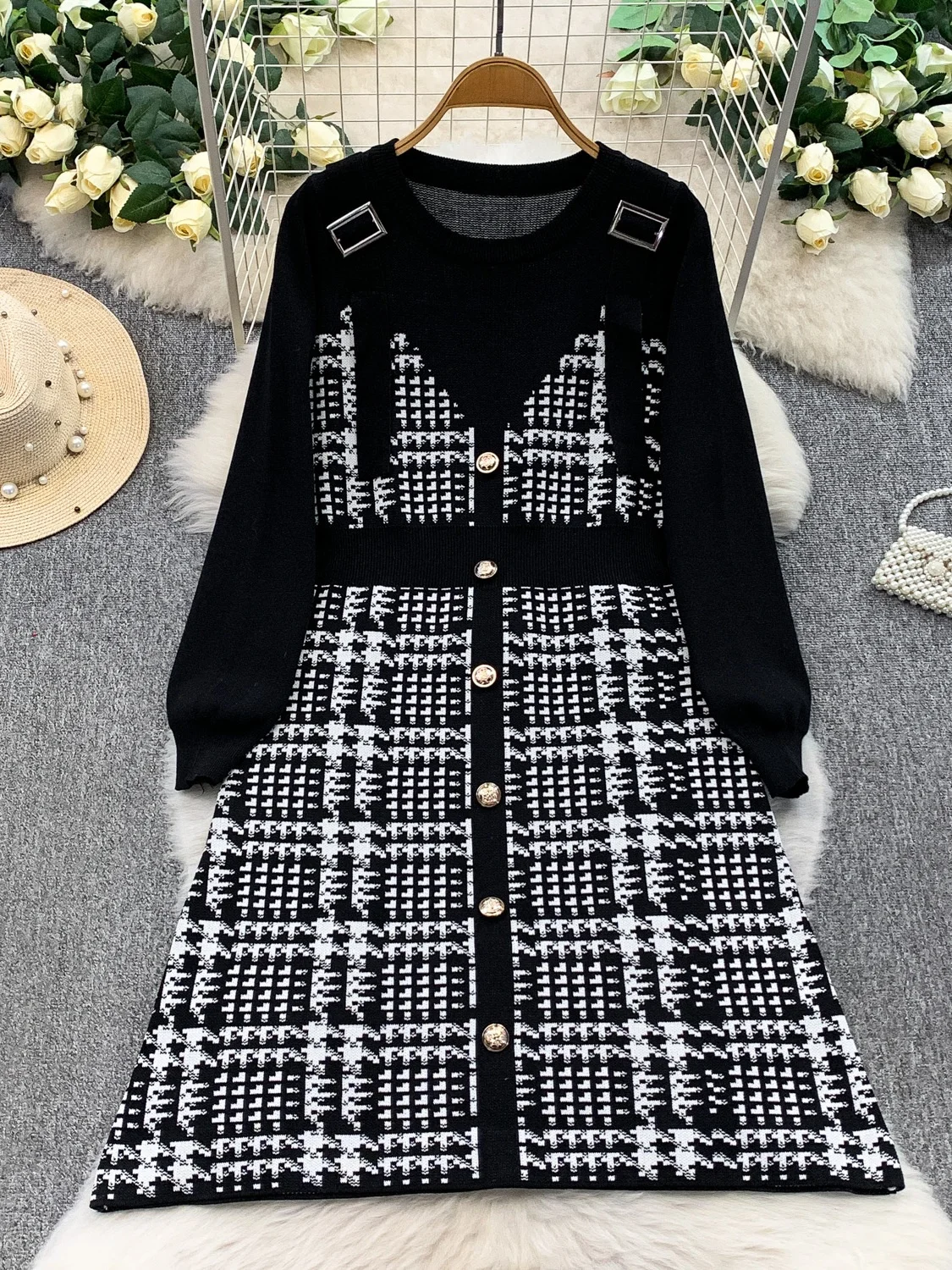 Koreanische Sle Gestrickte Midi Dr frauen Herbst Winter Button up Slim Fit Plaid Wrap Taille runde Ne Lange Sve Ci pendeln