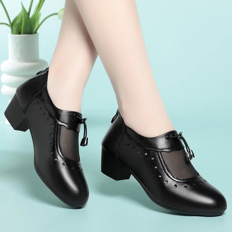 

4cm Comfortable Breathable Mesh Geuine Leather Shoes Women Oxfords Summer Fall 2025 Block Heels Shoes for Office Dance Mom Work