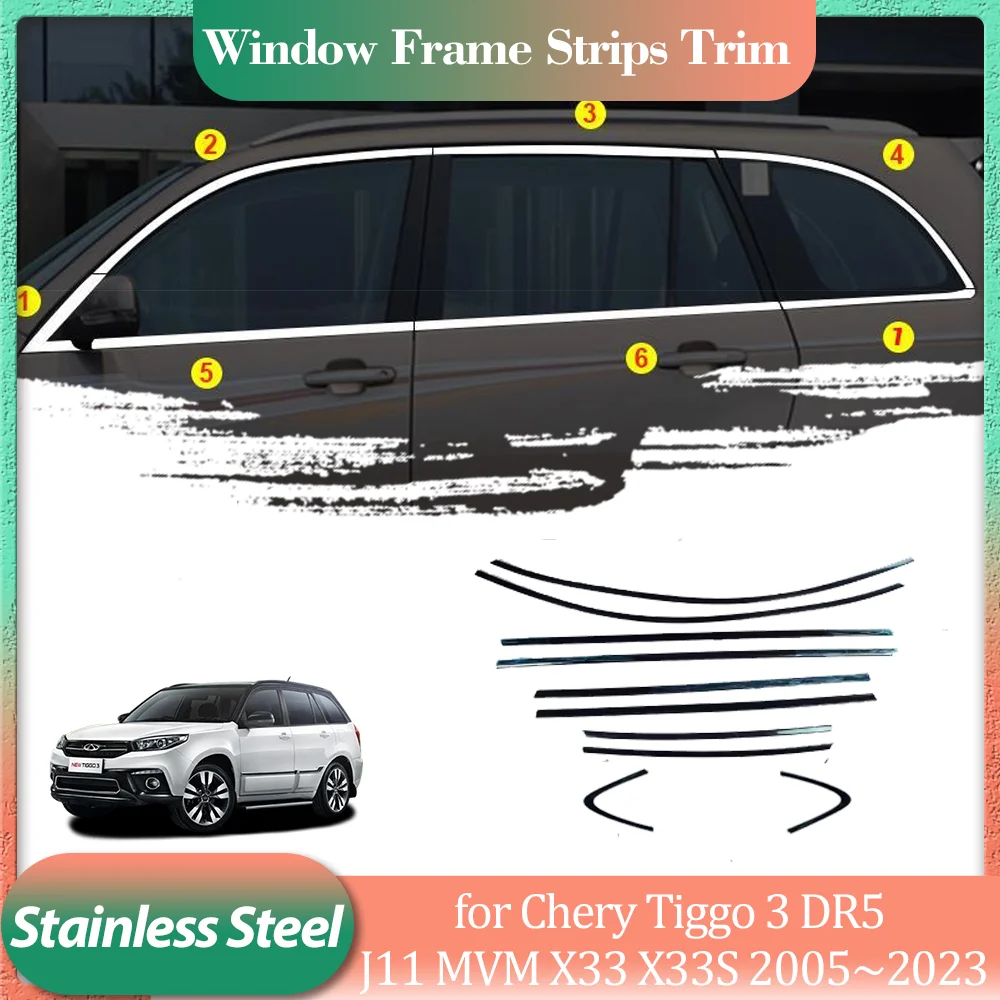 

for Chery Tiggo 3 DR EVO5 DR5 J11 MVM X33 X33S 2005~2023 Silver Stainless Steel Door Window Frame Window Sill Trim Accessories