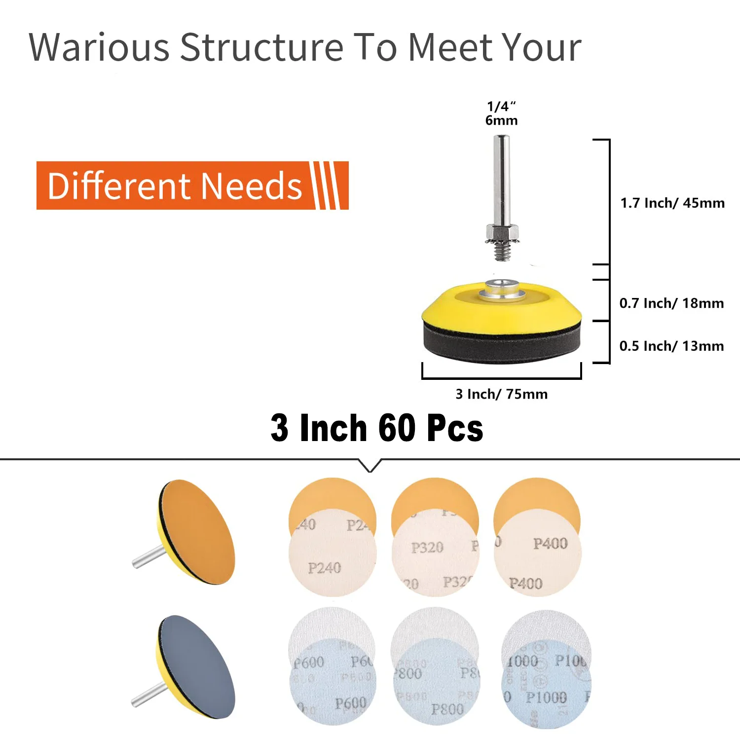 3 Inch Drill Polishing Set 76 Pcs with Waterproof Sanding Discs Eraser Wheel Assorted 240-1000 Grits Sandpaper for Cleaning