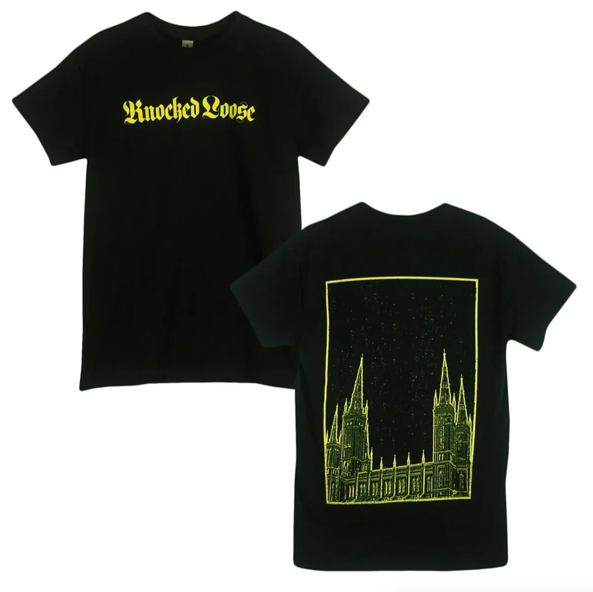 Knocked Loose Unisex T‑Shirt,front Gothic Lettering Back Night Church Building Double Print,vibrant Hardcore Tee