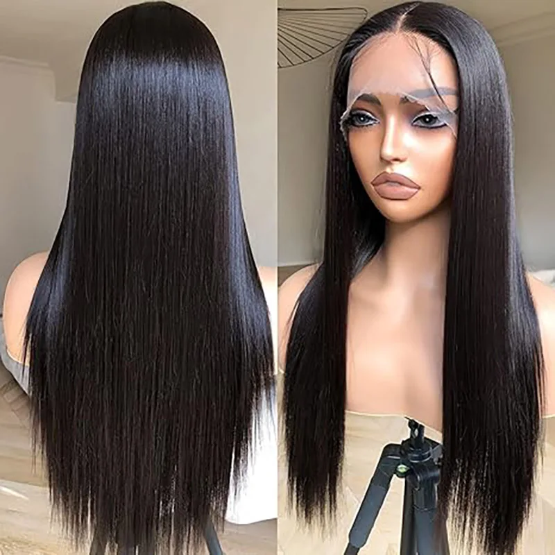 Wig Depan Renda Kepadatan 180 Panjang Telah Dipetik Hitam Alami Lurus Halus 26 "Lembut untuk Wanita dengan Rambut Bayi Tanpa Lem Tekstur Bagus