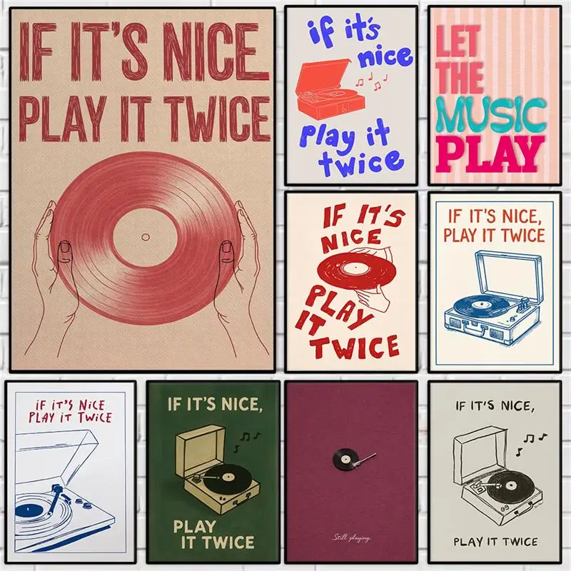 If It’s Nice Play It Twice Typographic Poster Retro Groovy Vinyl Record Music Lover Canvas Painting Wall Art for Room Home Decor