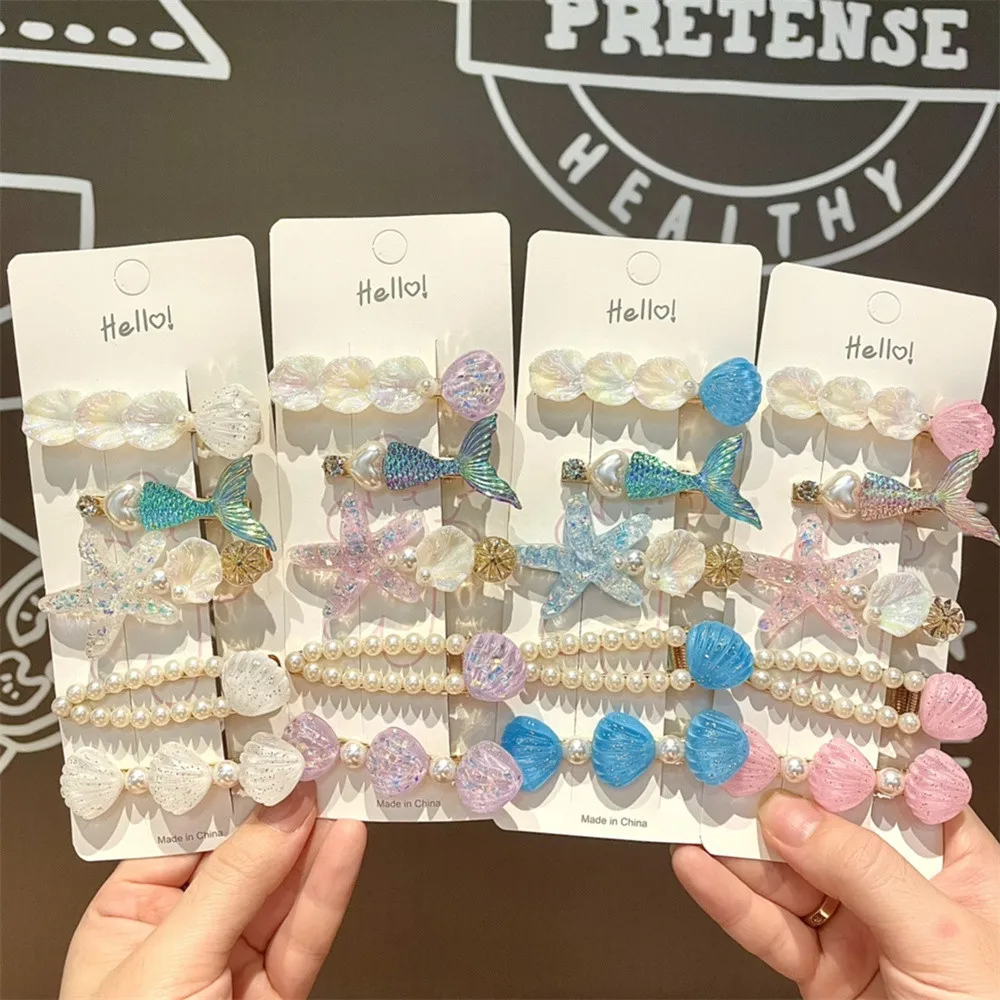 5 Pcs Cute Hair Clip Set Bangs Hairpin Mermaid Shell Starfish Pearl Sea princess Baby Girl Barrettes Hair Accessories
