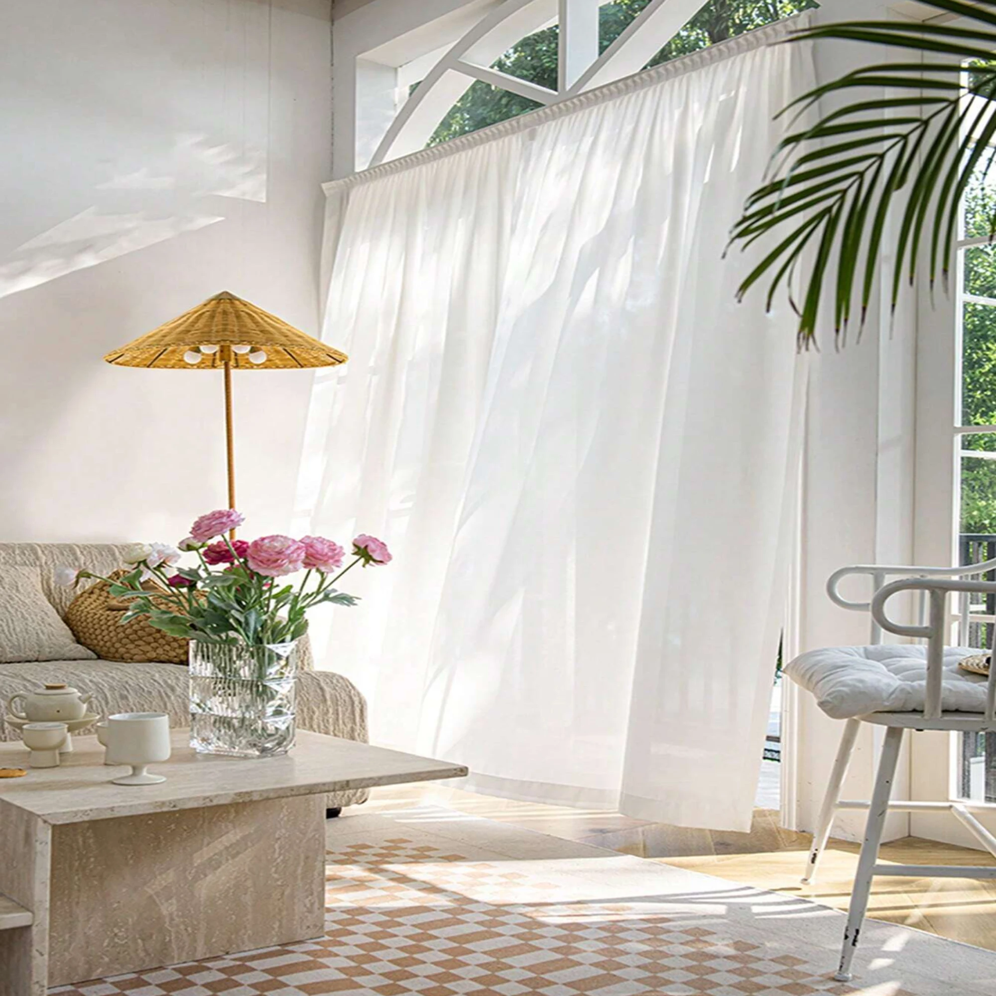 1pc White Ruffled adhesive tape Sheer Curtains, No-Drill Installation Light Filtering Privacy Voile for Living Room Bedroom