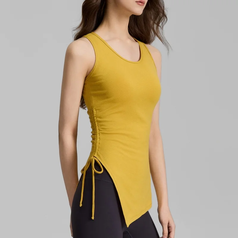 

Новые женские топы для йоги без рукавов с круглым вырезом, боковыми завязками и разрезом, эластичные майки для занятий спортом на открытом воздухе, фитнеса, бега и тренировок в зале