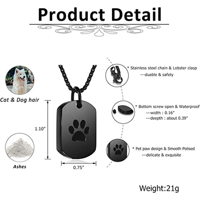 Cremation Jewelry Paw Print Urn Necklace for Ashes for Women Men Memorial Cat Dog Ashes Pendant Openable Bottle - Custom