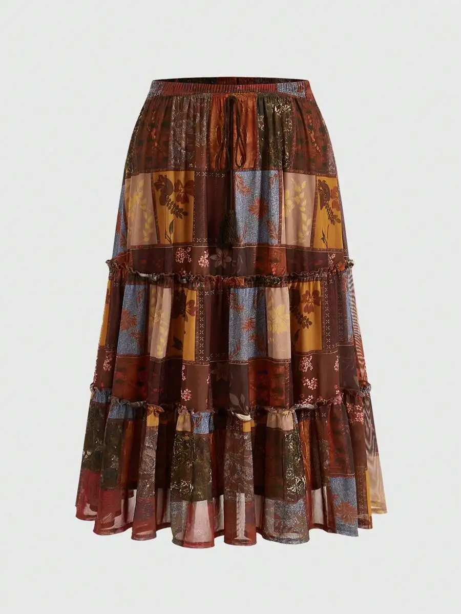 

Patchwork Printed Vintage Tiered Midi Skirt For Women