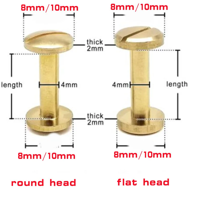 50set round head 8mm 10mm Solid Brass Belt screw Binding Chicago Screws Nail Stud Rivets For Photo Album Leather Craft Studs