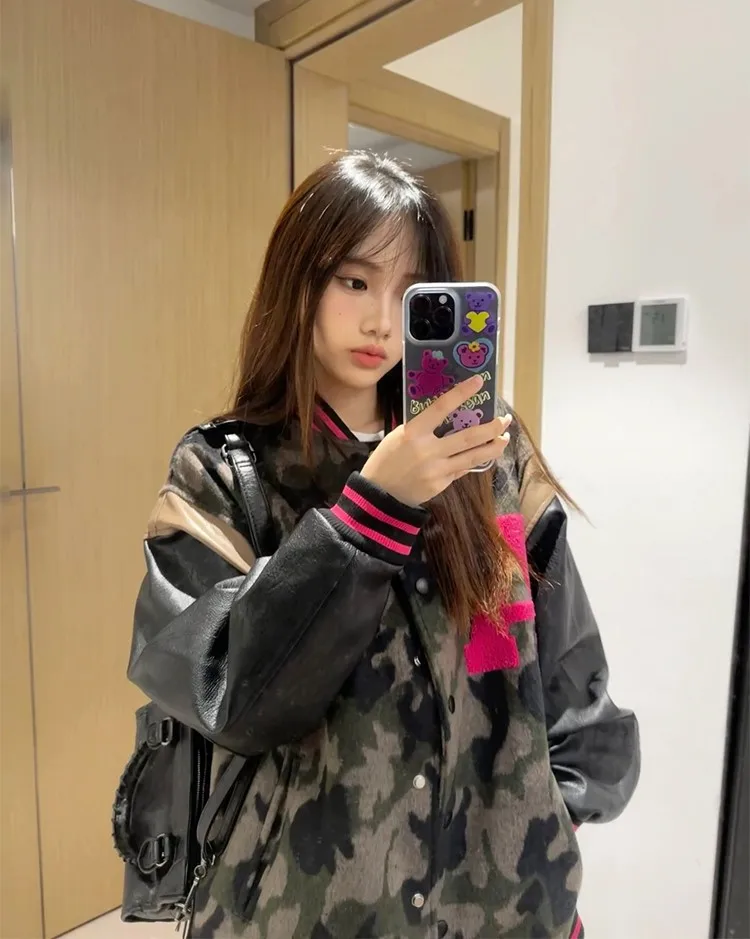 Korean Women's Baseball Jacket side profile demonstrating loose boxy silhouette and dropped shoulder construction