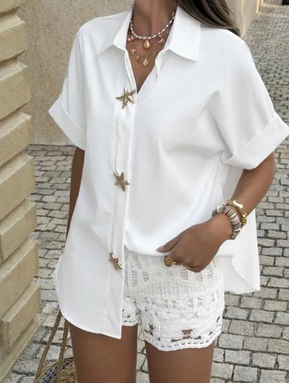 2026 Spring/summer Women's Casual Solid Color Collar Short Sleeved Shirt Top