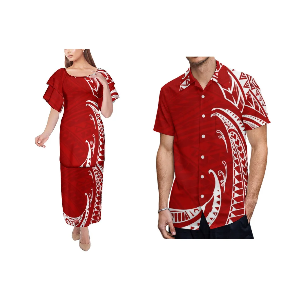 Casal vestido de banquete personalizado samoa clube moda casal conjunto vestido camisa projetada em padrão de impressão polinésia tradicional