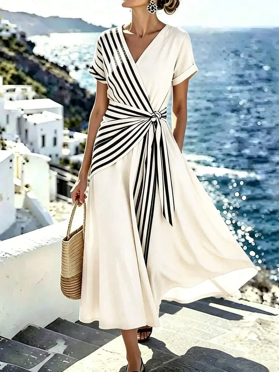 

Women V-Neck Striped Wrap Casual Vacation Dress Summer Resort Midi Dress