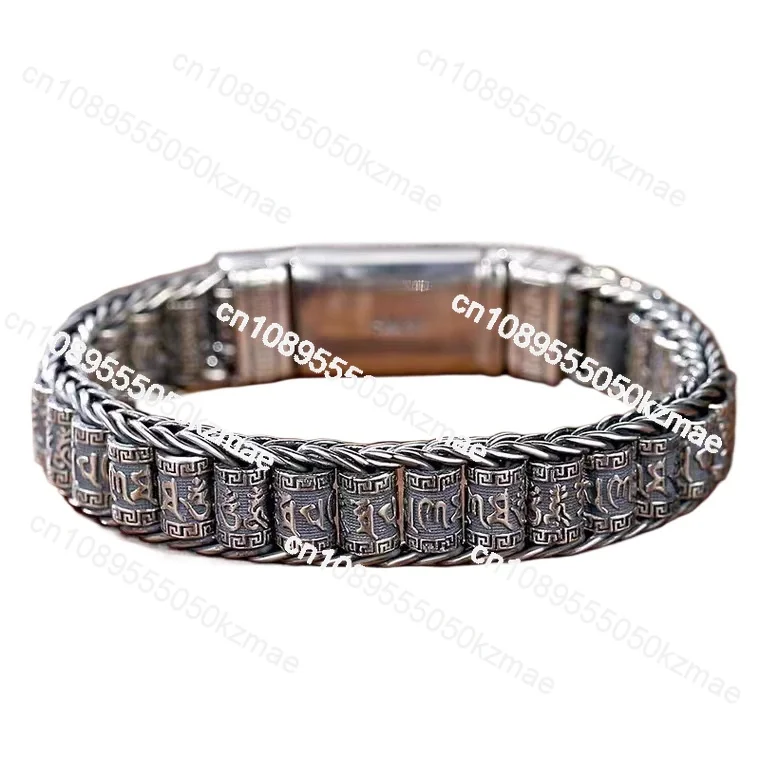 

HOT SELL 925 Sterling Silver Woven Bracelet Men's Trend Beading, Six-character Mantra Silver Chain Jewelry Showing Personality.
