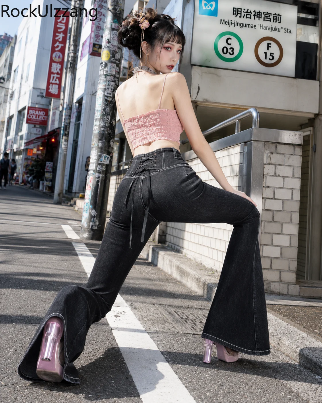 Women's High Waist Flare Jeans Lace Up Back Slim Fit Stretch Denim Pants Y2K Vintage Black Bell Bottom Blue aesthetic korean NEW