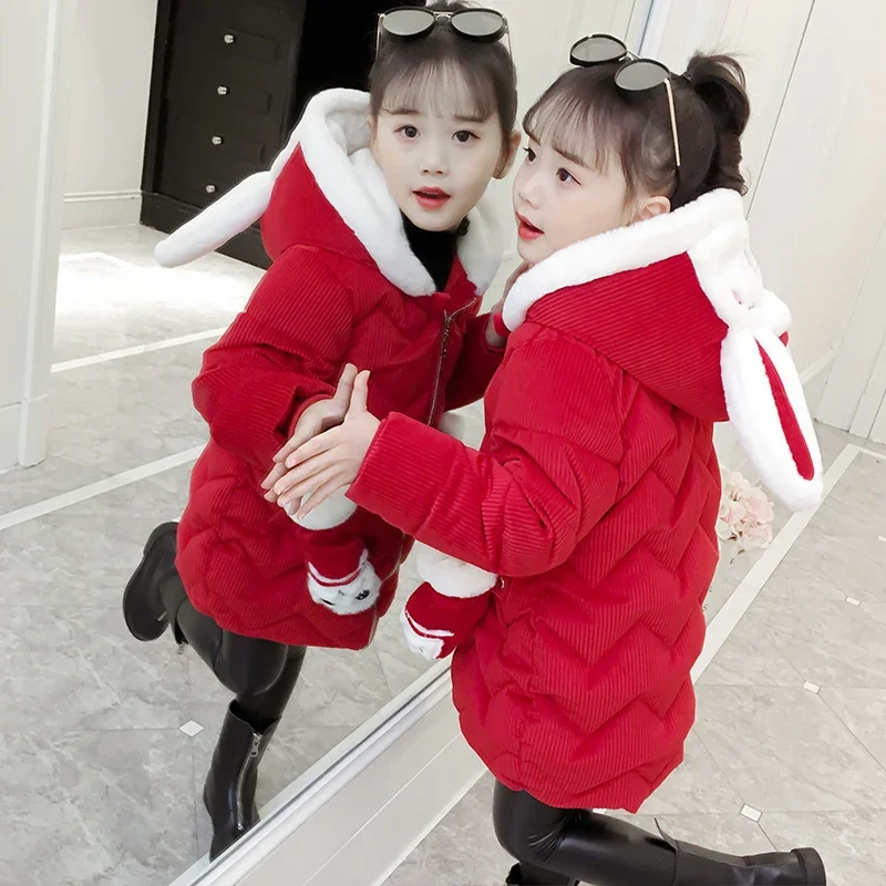 Girls Parkas Coat Winter Long Padded Rabbit Fur Collar Jacket Children Windproof Outerwear Kids Fashion Cotton Clothes TR144