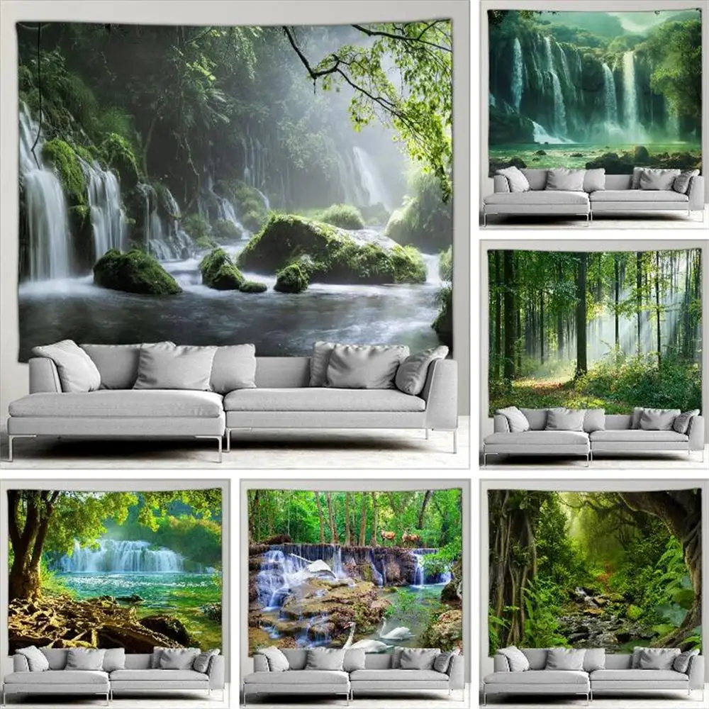 Outdoor Garden Poster Forest Waterfall Landscape Tapestry Tropical Plants Landscape Home Patio Wall Hanging Art Decor Mural