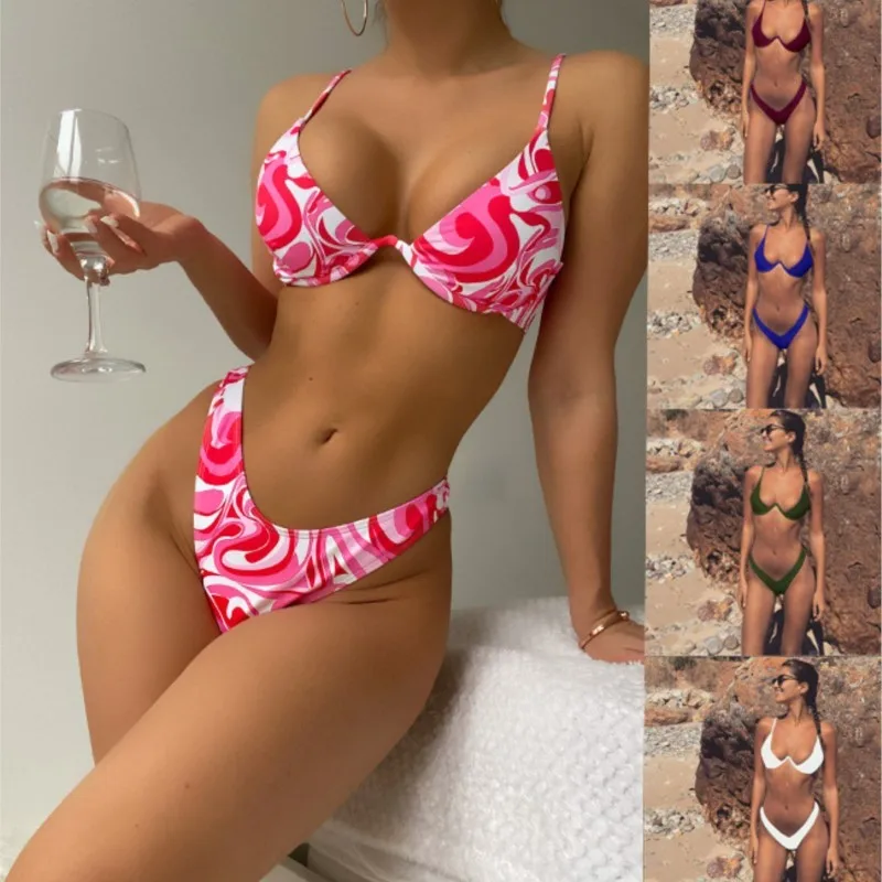 New Sexy Bikini Push-up Bra Set Two Piece Solid Color Underwire Fission  Bathers Bathing Swimming Suit 9 Color Beachwear