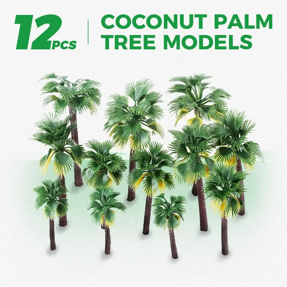 12PCS Coconut Palm Tree Tropical Artificial Miniature for Diorama Train Railway Layout Rainforest Landscape Scenery Decorative