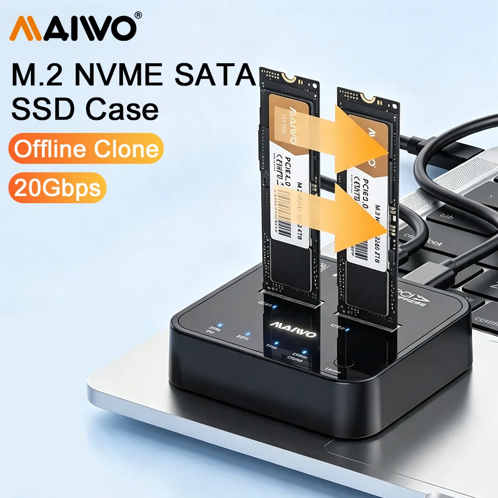 MAIWO Dual-Bay M.2 NVME SSD Enclosure Dock Station Clone USB3.2 Type C Gen2 External Hard Disk Box 20Gbps NVME Docking Station