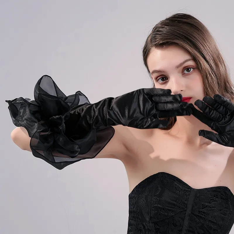 Guantes largos para vestido de novia, guantes negros para fotografía, banquete, noche