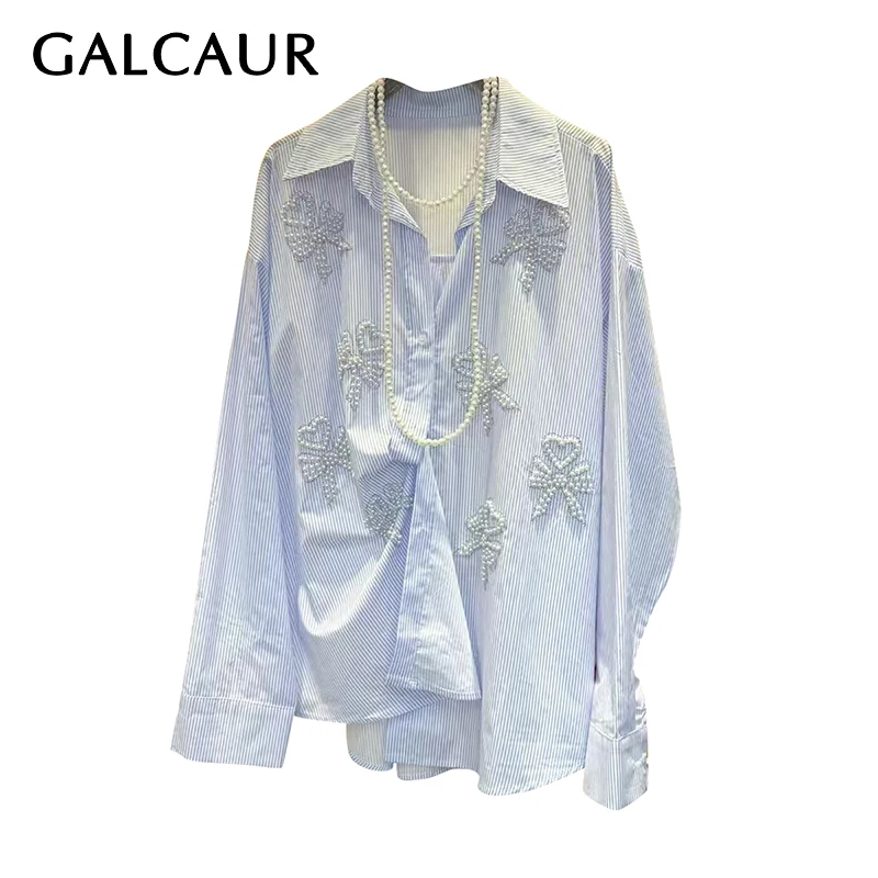 

GALCAUR Colorblock Loose Spliced Stripe Fashion Blouse for Women Lapel Long Sleeves Patchwork Bead Elegant Top Female Clothing