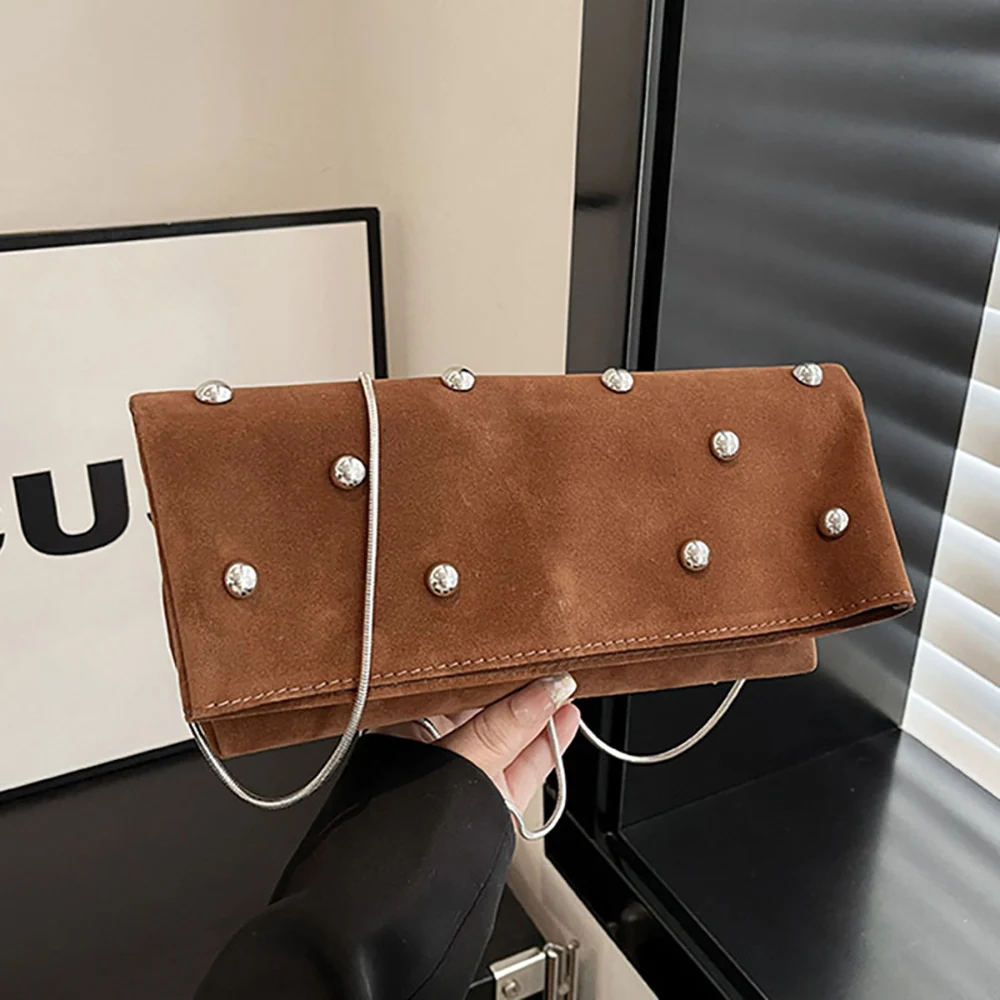 

Fashion Chain Rivet Crossbody Bag Korean Style Chic Solid Buckle Rectangle One Shoulder Bags Commute All-Match Messenger Packs