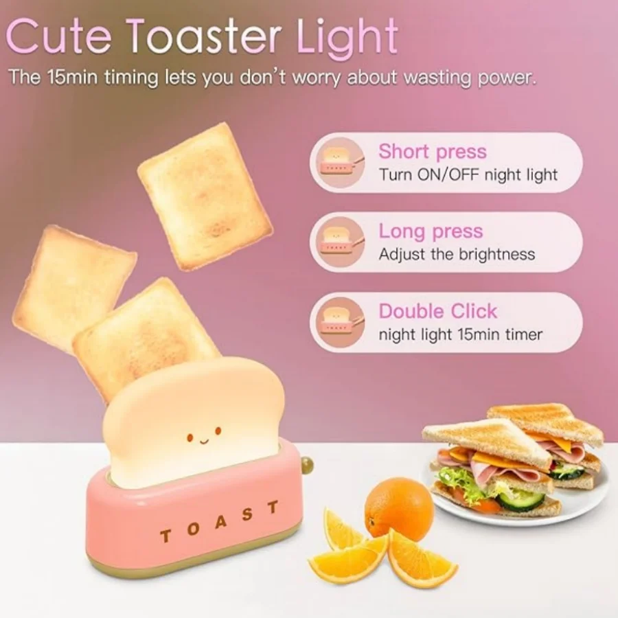 Toaster Night Light Lamp Rechargeable Small Lamps with Smile Face Cute Bread Shape for Bedroom