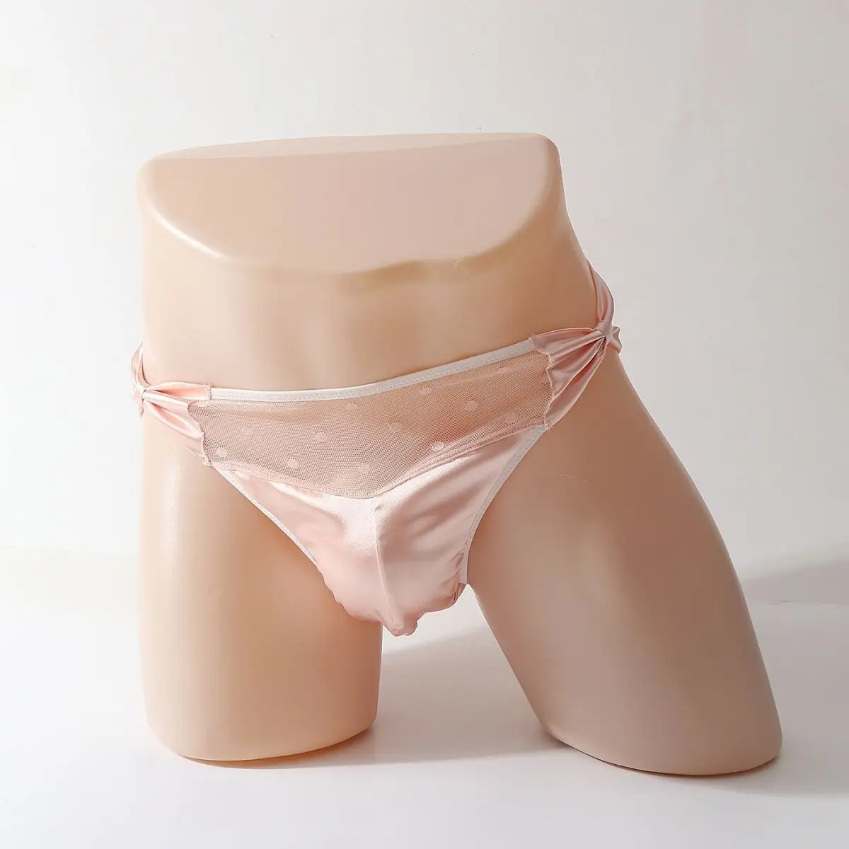 Silk Men's Pink Net Mesh Bow Briefs Satin Men's Lace Sheer Underpants Adult Panties Live Show Private Party Dance Costumes