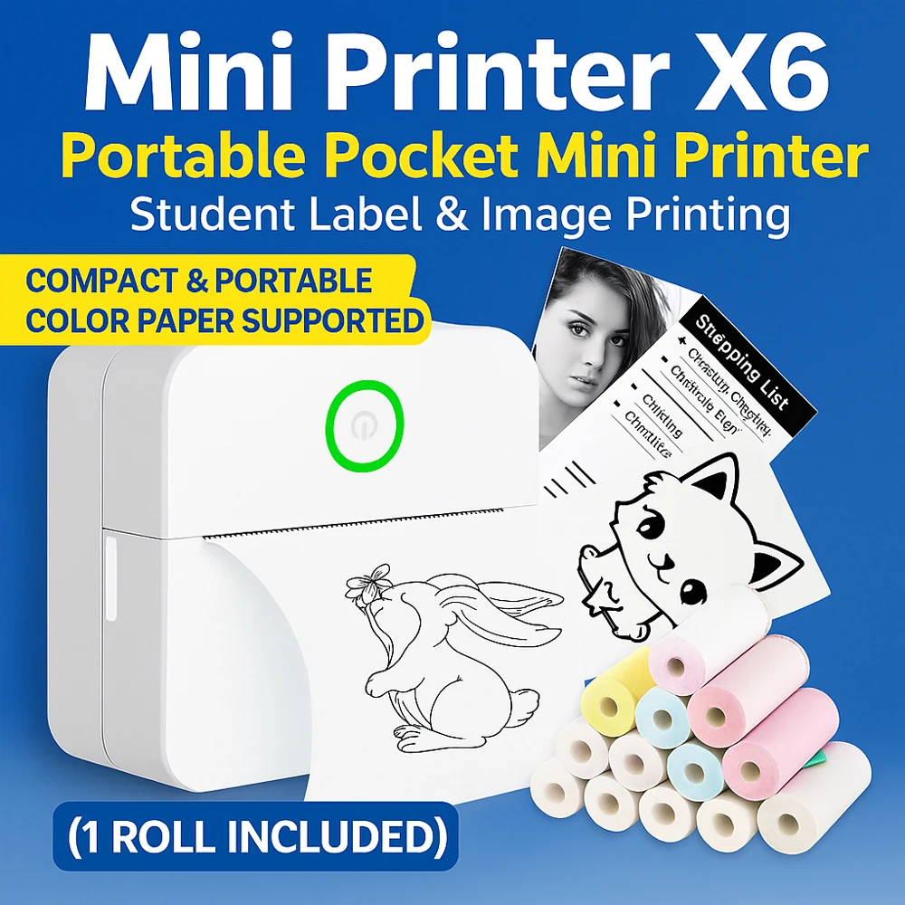 

Мини-портативный термопринтер X6, карманный беспроводной принтер для этикеток, фотопринтер для коррекции тумана для студентов с 1 рулонной бумагой