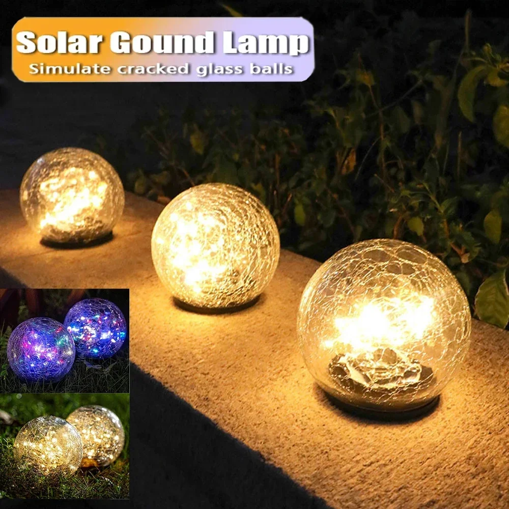 

Solar LED Cracked Glass Lamp Outdoor Garden Lawn Pluggable Waterproof Ice Ball Light Step Atmosphere Decorative Warm/Color Light