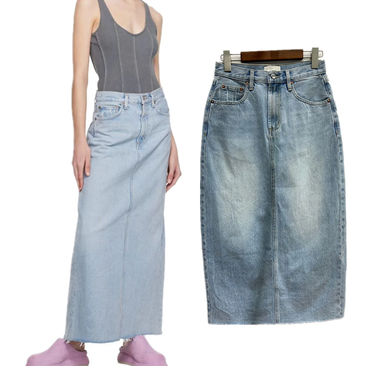 Jenny & Dave 2026 falda vaquera minimalista de verano para mujer, falda Retro de cintura alta con flauta dividida, faldas vaqueras de pierna recta para mujer