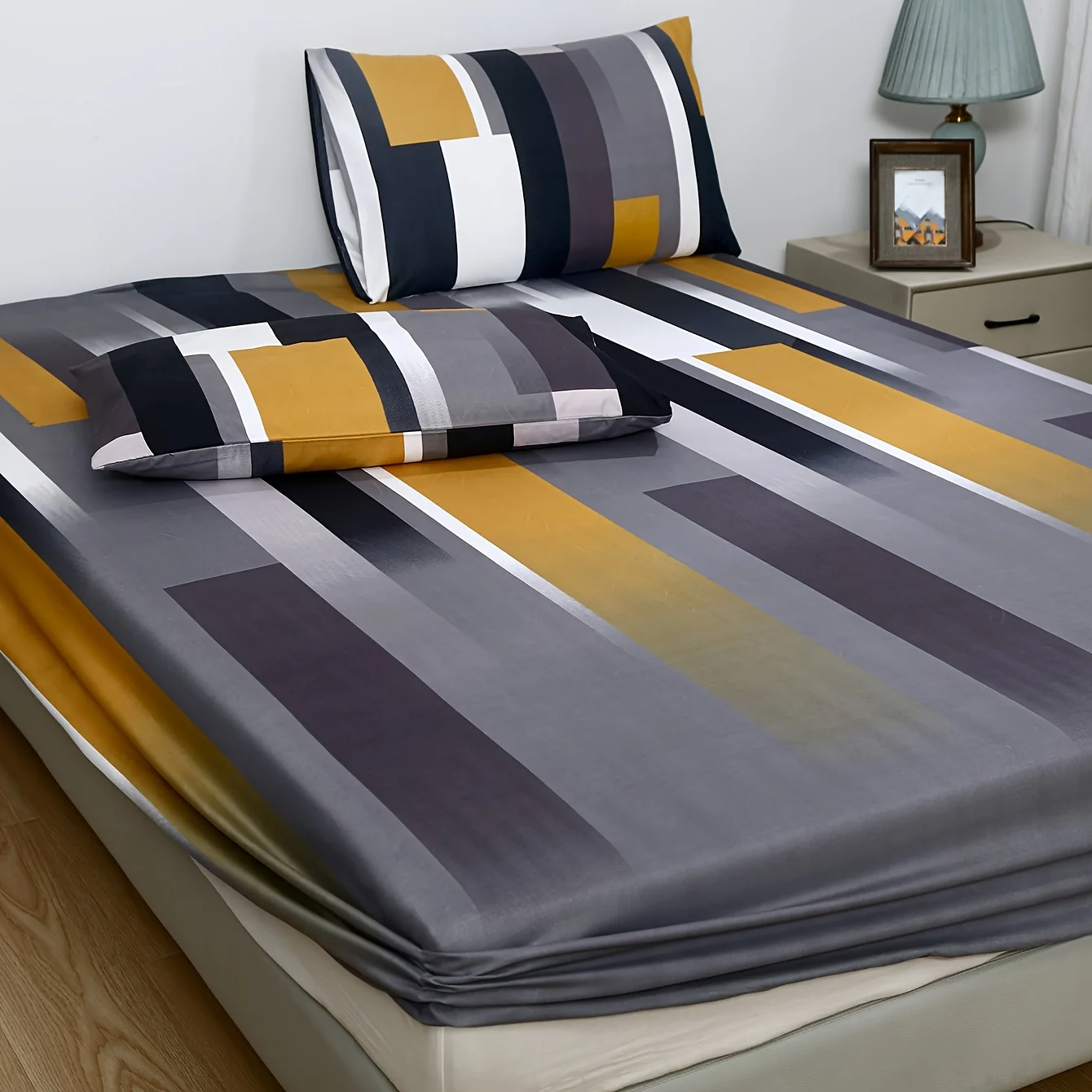 2D digital print three-piece bedding set (includes 1 fitted sheet + 2 pillowcases) mattress protector, fitted elastic style, mattress cover, fitted sheet bedding, 100% polyester 2D flat print fitted sheet set