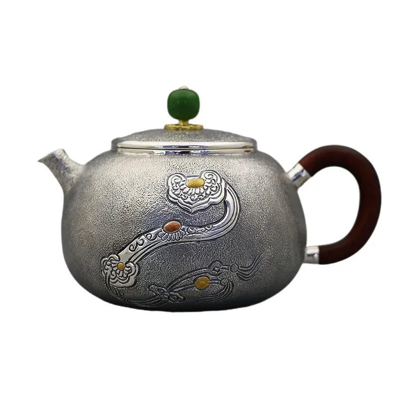 

Sterling silver handmade small teapot, Ruyi tea set, wooden handle, heat-insulated teapot, silver pot.